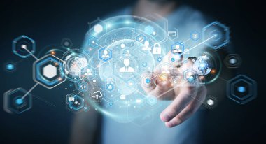 Sosyal ağ arabirimi 3d işlemesini kullanan iş adamı