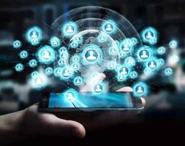 Sosyal ağ arabirimi 3d işlemesini kullanan iş adamı