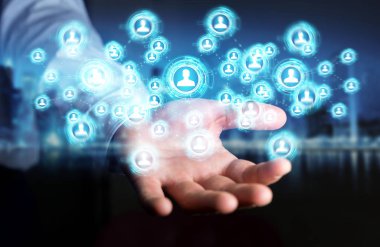 Sosyal ağ arabirimi 3d işlemesini kullanan iş adamı