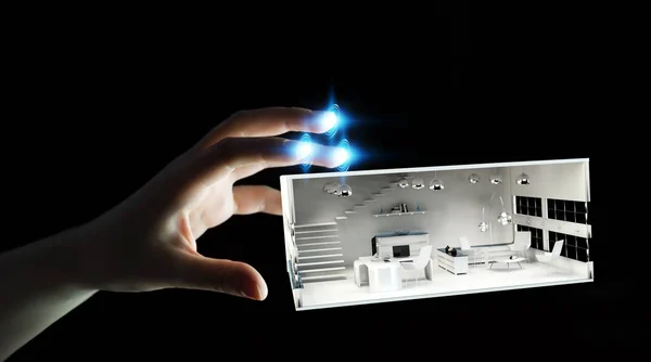 Бізнес-леді торкається білої 3D візуалізації квартири — стокове фото