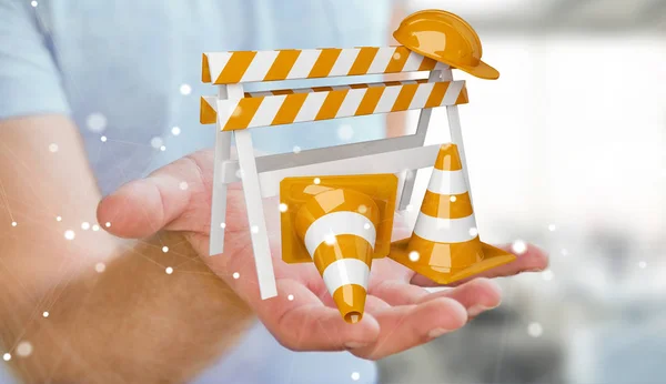 Бизнесмен с использованием цифрового 3D рендеринга под строительными знаками — стоковое фото