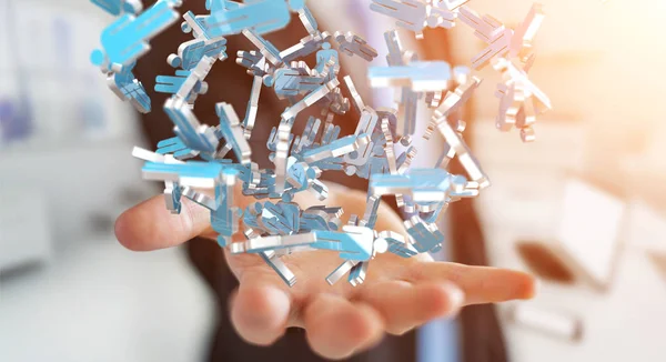 Businessman holding 3D rendering group of blue people — Stock Photo, Image