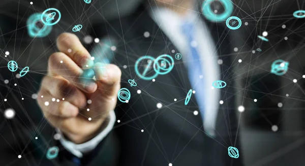 Uçan ağ bağlantısı arabirimi 3d renderi kullanarak iş adamı