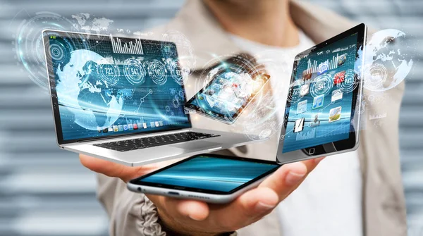 Onun cep telefonu 3d ren ile teknoloji cihazları bağlamak işadamı