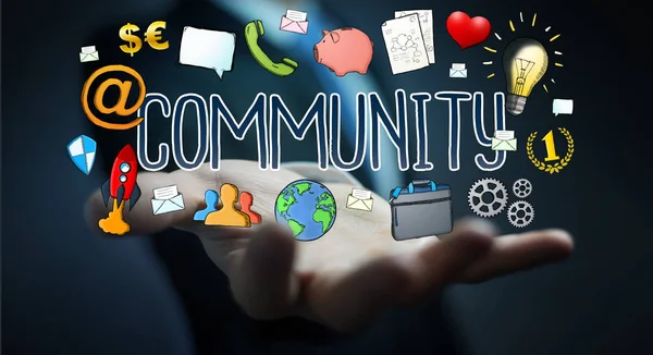 Uomo d'affari che utilizza la presentazione della comunità disegnata a mano — Foto Stock