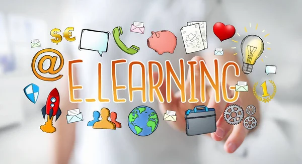 Geschäftsmann rührt handgezeichnete E-Learning-Präsentation an — Stockfoto