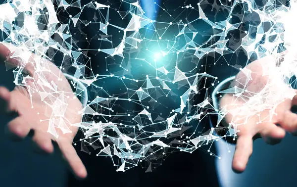 Uçan ağ bağlantısı 3d render tutan işadamı