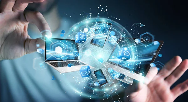 Teknik cihazlar birbirine işadamı 3d render tarafından bağlı