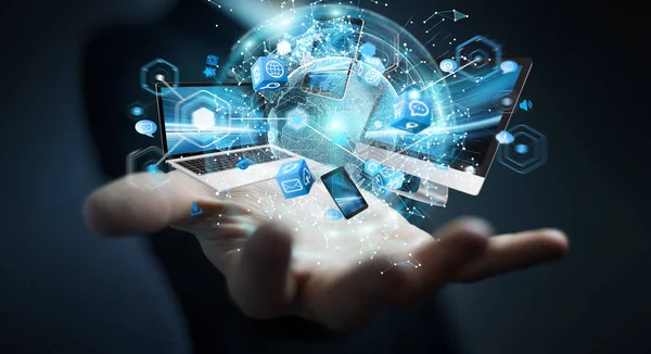 Teknik cihazlar birbirine işadamı 3d render tarafından bağlı