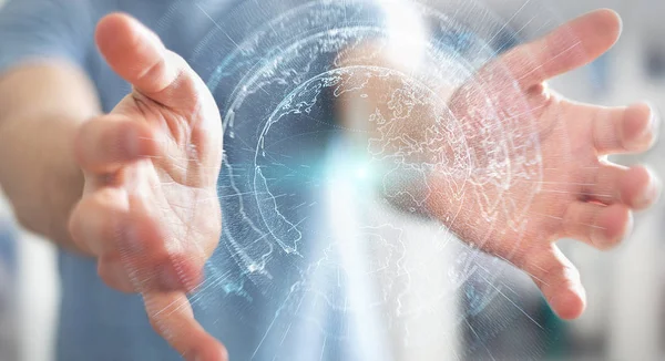 İşadamı 3d rende tarafından aktive uçan Dünya ağ arabirimi