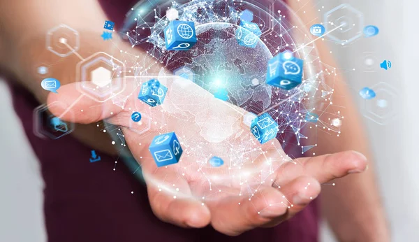 İşadamı 3d rende tarafından aktive uçan Dünya ağ arabirimi