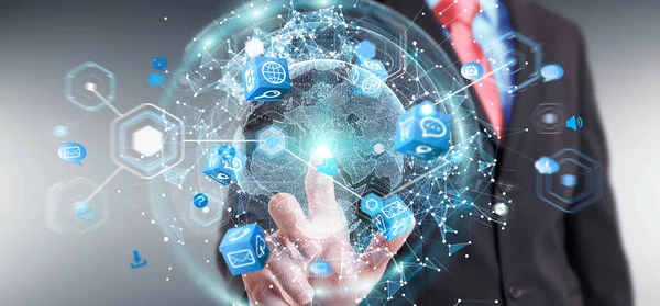 İşadamı 3d rende tarafından aktive uçan Dünya ağ arabirimi