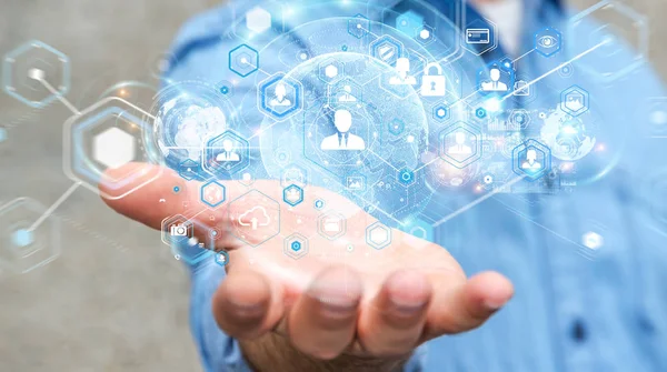 Sosyal ağ arabirimi 3d işlemesini kullanan iş adamı