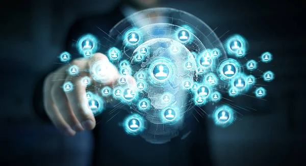 Sosyal ağ arabirimi 3d işlemesini kullanan iş adamı