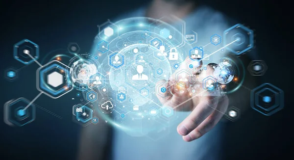 Sosyal ağ arabirimi 3d işlemesini kullanan iş adamı