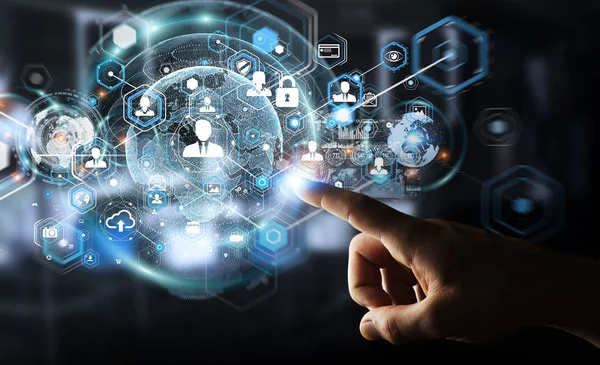 Sosyal ağ arabirimi 3d işlemesini kullanan iş adamı