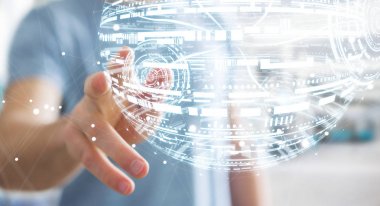 Hologram küre 3d render dokunmadan işadamı