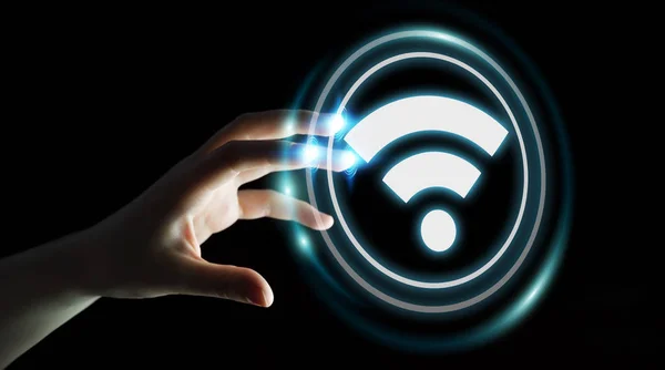 Üzletasszony ingyenes wifi hotspot felület 3d rendering segítségével — Stock Fotó