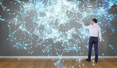 Bir duvara 3d render bağlantı ağ kullanarak iş adamı