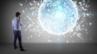 Bir duvar 3d re dijital planet earth arabirimini kullanarak iş adamı