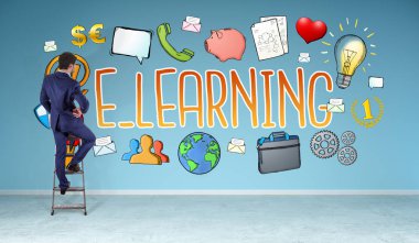 E-öğrenme izlerken işadamı bir duvar 3d render kroki