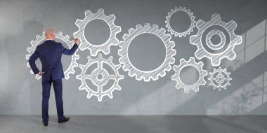 İşadamı çizim vites bir duvar 3d render kroki