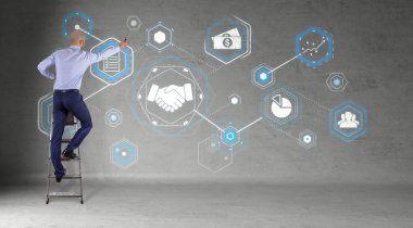 Bir duvara 3d render ortaklık arabirimini kullanarak iş adamı