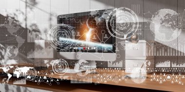 Çalışma alanı modern cihazlar ve hologram ekranlar 3d render ile