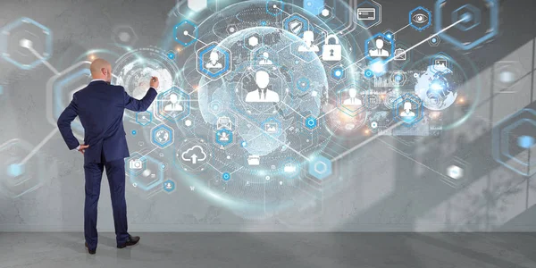 Üzerinde bir duvar 3d renderin sosyal ağ arabirimini kullanarak iş adamı