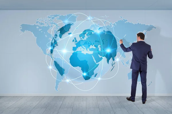 Businessman using digital planet earth interface on a wall 3D re — Stock Photo, Image