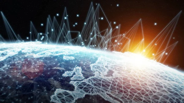 Global network and datas exchanges over the planet Earth 3D rend — Stock Photo, Image