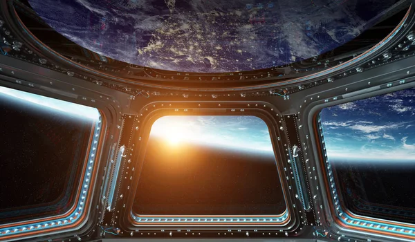 Ansicht des Planeten Erde aus einem Raumstation-Fenster 3d Rendering el — Stockfoto