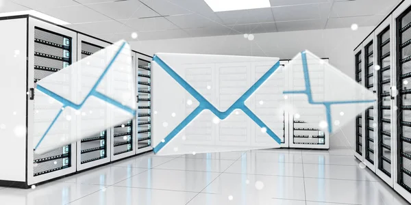 Emails flying over server room data center 3D rendering
