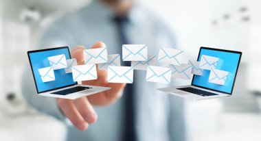 İşadamı onun dijital cihazlar 3d renderin üzerinde e-posta alma