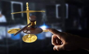 3d renderi işkadını adalet çekiç ve Tartım Terazi