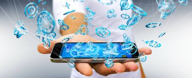 Uçan ağ bağlantısı arabirimi 3d renderi kullanarak iş adamı