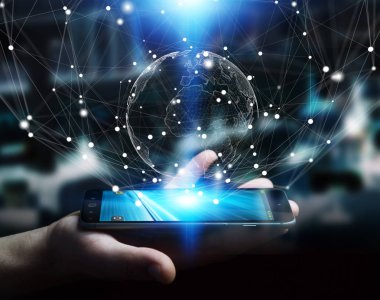 Uçan Dünya ağ arabirimi 3d işlemesini kullanan iş adamı