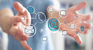 Çizilmiş grafik iletişim ve bağlantı ile tutan işadamı