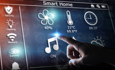 Akıllı ev dijital arabirimi 3d işlemesini kullanan iş adamı