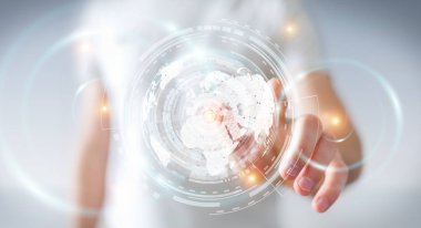 İşadamı hologram ekran dijital veriler 3d renderin ile kullanma