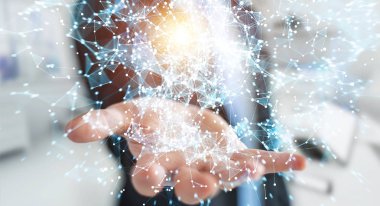 Uçan ağ bağlantısı 3d render tutan işadamı