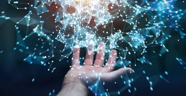 Uçan ağ bağlantısı 3d render tutan işadamı