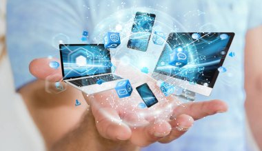 Teknik cihazlar birbirine işadamı 3d render tarafından bağlı