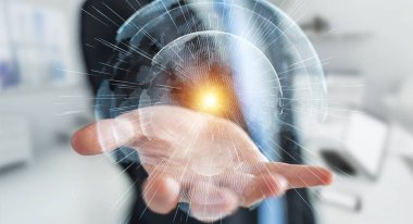 İşadamı 3d rende tarafından aktive uçan Dünya ağ arabirimi