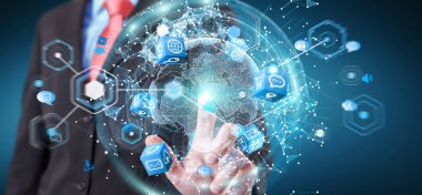 İşadamı 3d rende tarafından aktive uçan Dünya ağ arabirimi