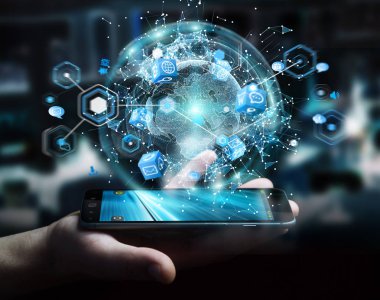 İşadamı 3d rende tarafından aktive uçan Dünya ağ arabirimi