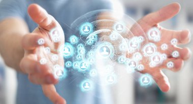 Sosyal ağ arabirimi 3d işlemesini kullanan iş adamı