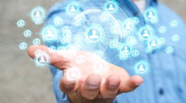 Sosyal ağ arabirimi 3d işlemesini kullanan iş adamı