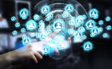 Sosyal ağ arabirimi 3d işlemesini kullanan iş adamı