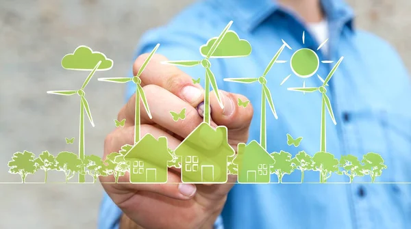 Affärsman ritning förnybar energi skiss — Stockfoto